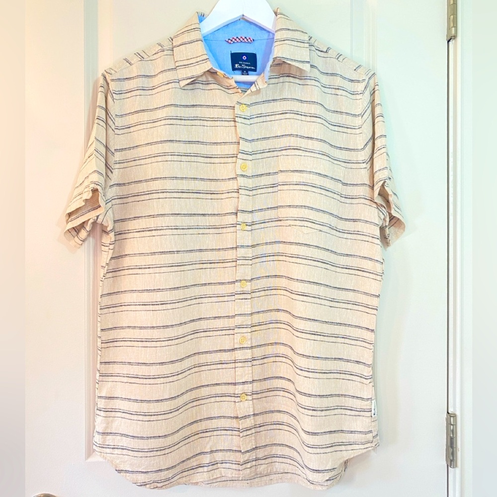 Ben Sherman Mens Linen Blend Short Sleeve Shirt Striped Beige Navy Blue Medium